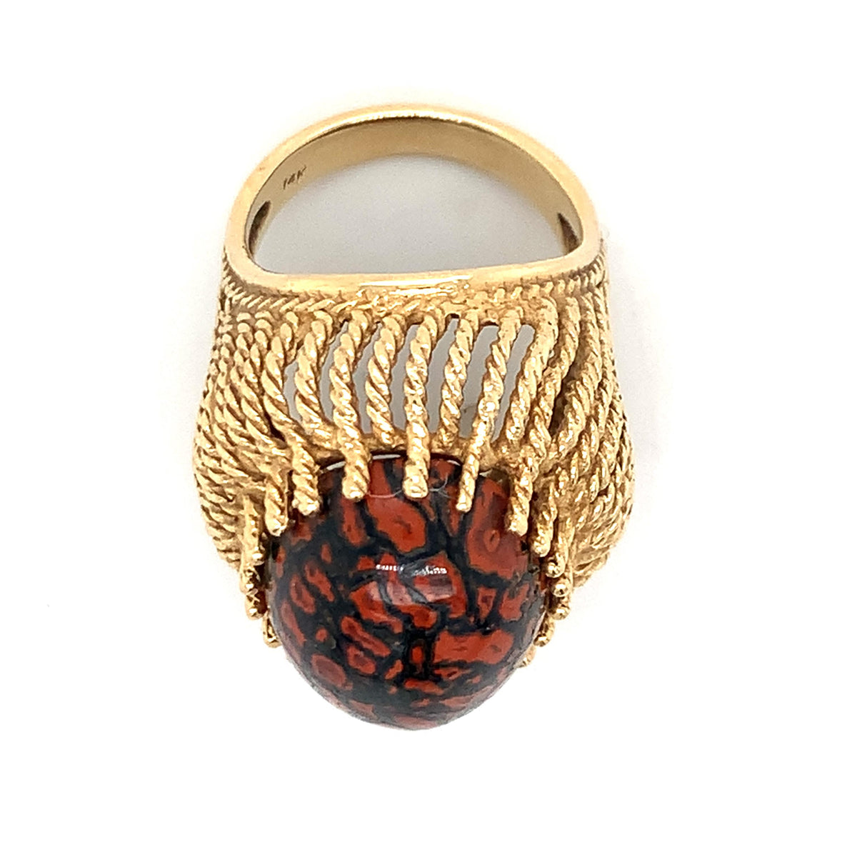 Kabra Vintage 14K Gold Red & Black Poppy Jasper Cabochon Twisted Rope Dome Ring