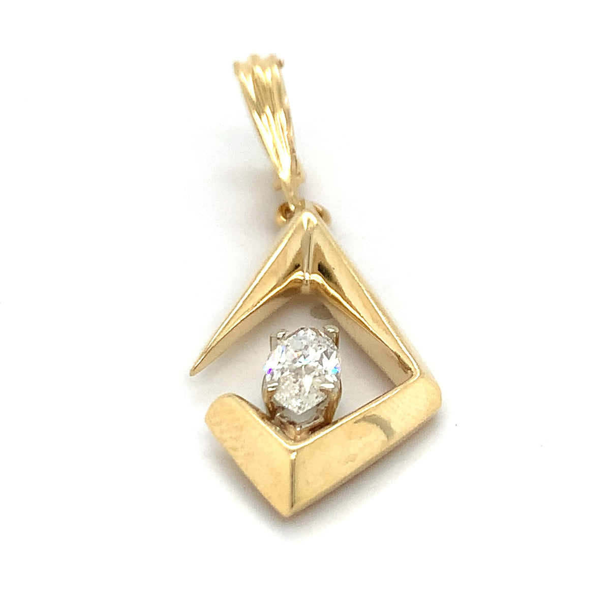 14K Gold Marquise Solitaire Diamond Rhombus Openwork Ribbed Loop-Bail Pendant