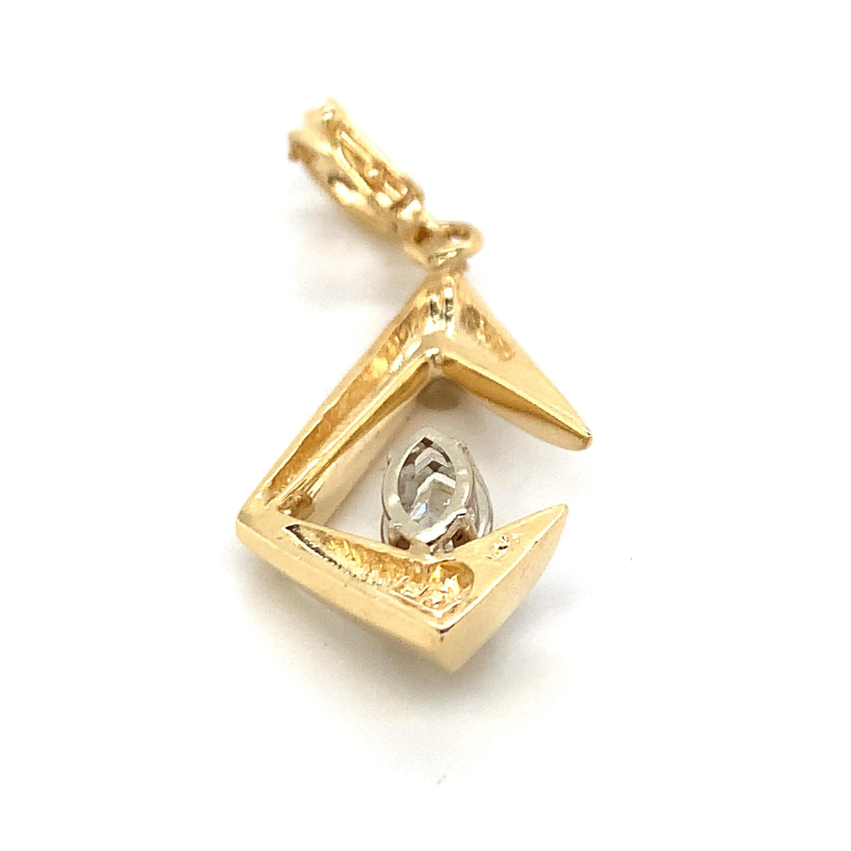 14K Gold Marquise Solitaire Diamond Rhombus Openwork Ribbed Loop-Bail Pendant