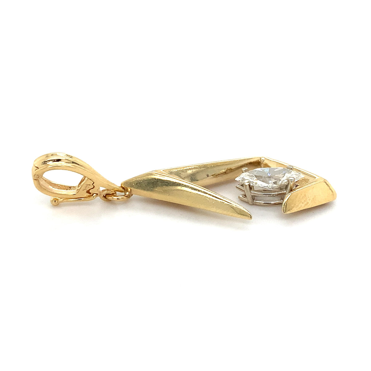 14K Gold Marquise Solitaire Diamond Rhombus Openwork Ribbed Loop-Bail Pendant