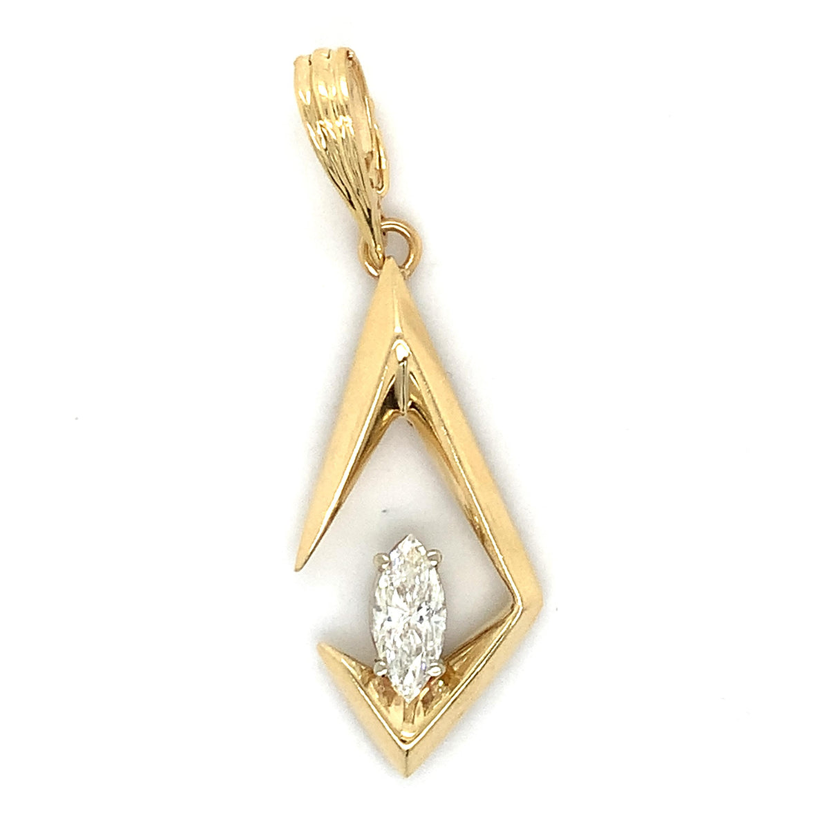 14K Gold Marquise Solitaire Diamond Rhombus Openwork Ribbed Loop-Bail Pendant