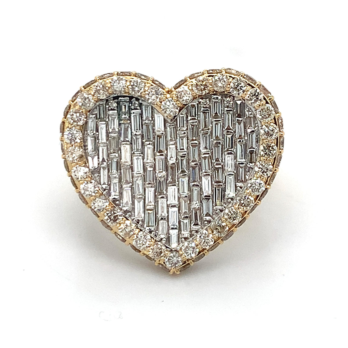 14K Gold Iced Out Baguette & Round Diamond Halo Heart Shaped Style Signet Ring