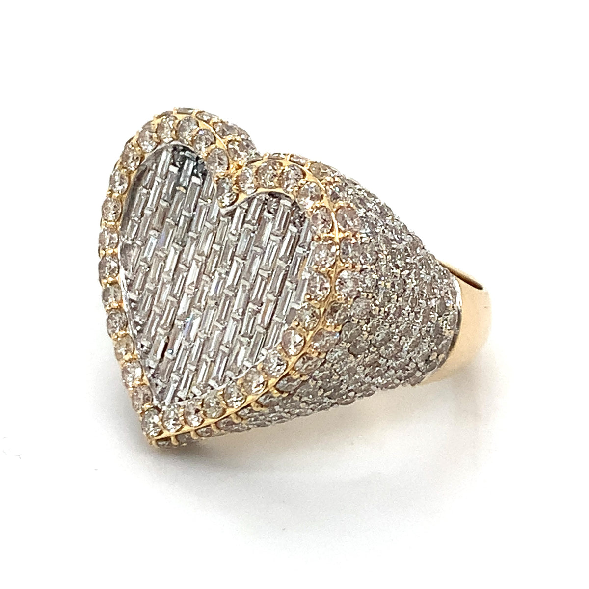 14K Gold Iced Out Baguette & Round Diamond Halo Heart Shaped Style Signet Ring