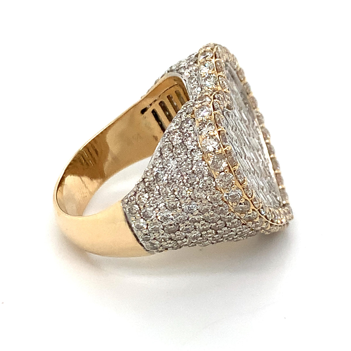 14K Gold Iced Out Baguette & Round Diamond Halo Heart Shaped Style Signet Ring