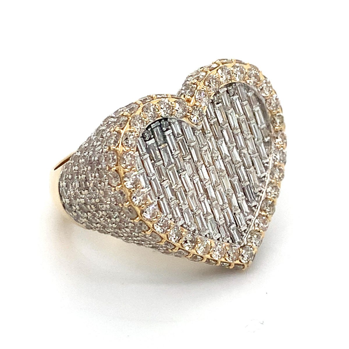 14K Gold Iced Out Baguette & Round Diamond Halo Heart Shaped Style Signet Ring