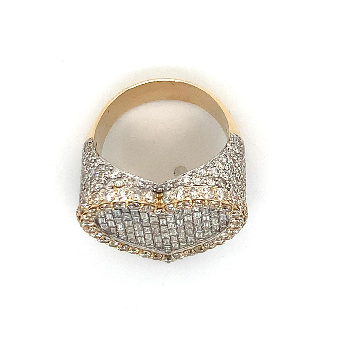 14K Gold Iced Out Baguette & Round Diamond Halo Heart Shaped Style Signet Ring