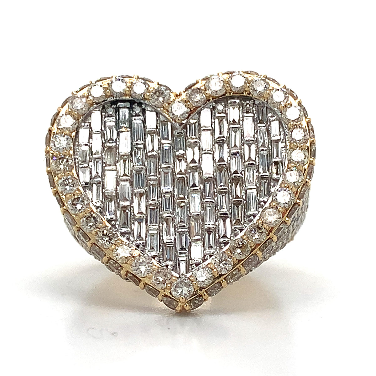 14K Gold Iced Out Baguette & Round Diamond Halo Heart Shaped Style Signet Ring