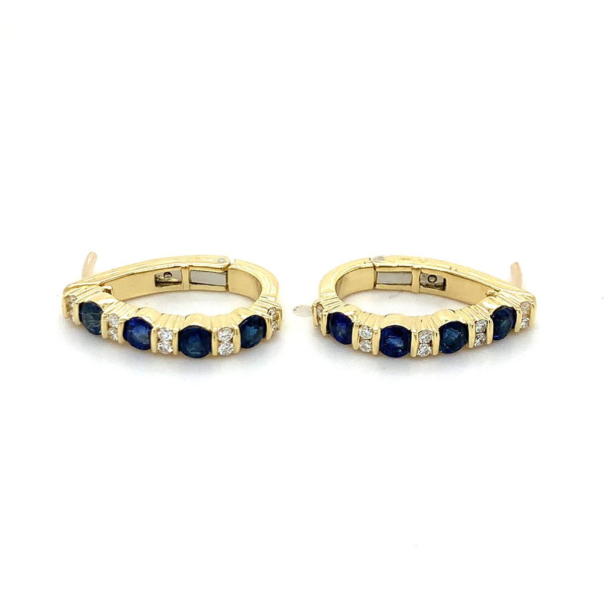 18K Gold Alternating Bar Set Sapphire & Double Diamond J Hoops Huggie Earrings