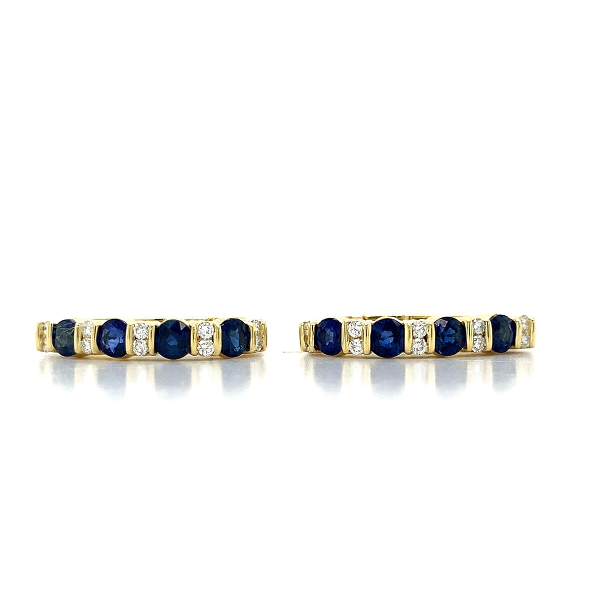18K Gold Alternating Bar Set Sapphire & Double Diamond J Hoops Huggie Earrings
