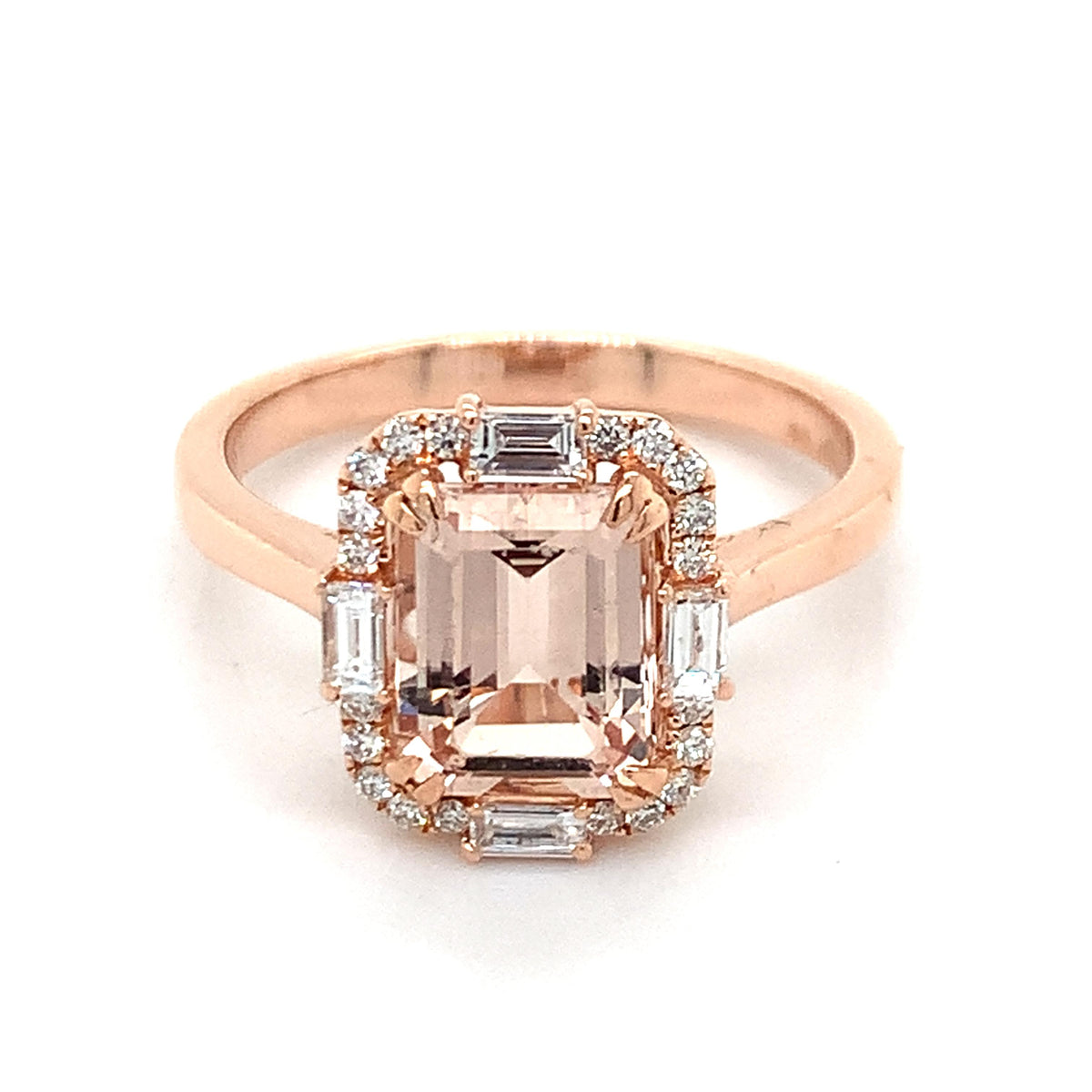 Shane Co. 14K Gold Emerald Cut Peach-Pink Morganite W/ Diamond Accent Halo Ring