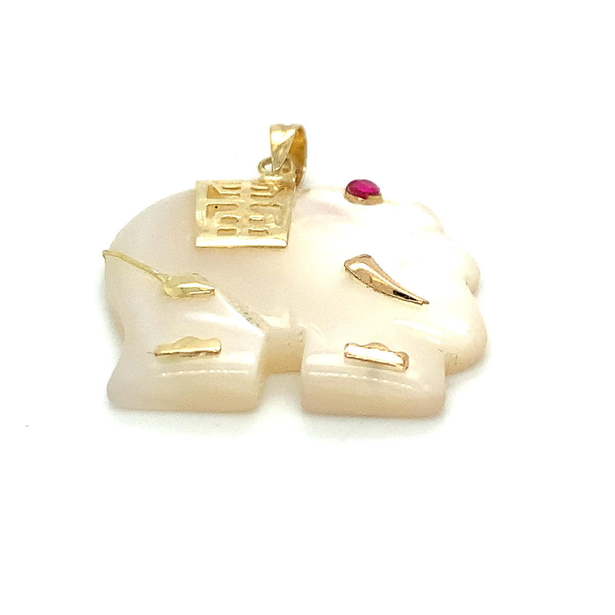 Vintage 14K Gold Chinese Character Carved White MOP Elephant & Ruby Pendant