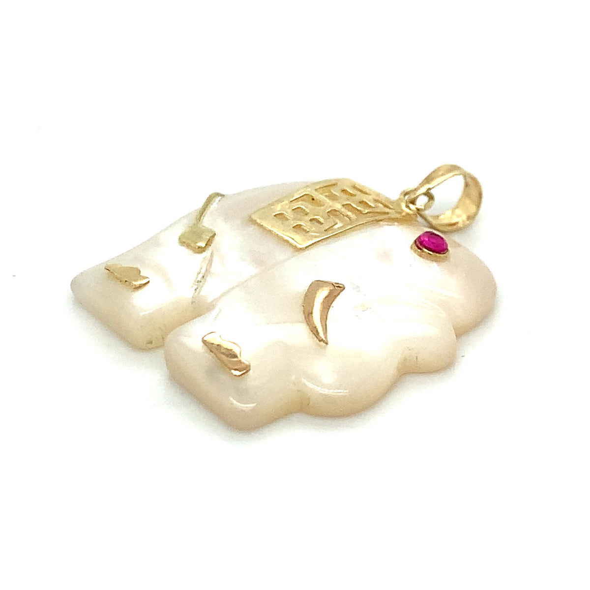 Vintage 14K Gold Chinese Character Carved White MOP Elephant & Ruby Pendant