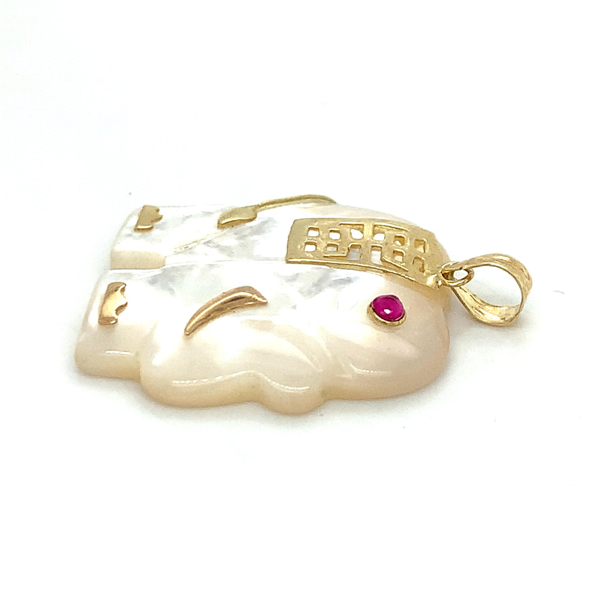 Vintage 14K Gold Chinese Character Carved White MOP Elephant & Ruby Pendant