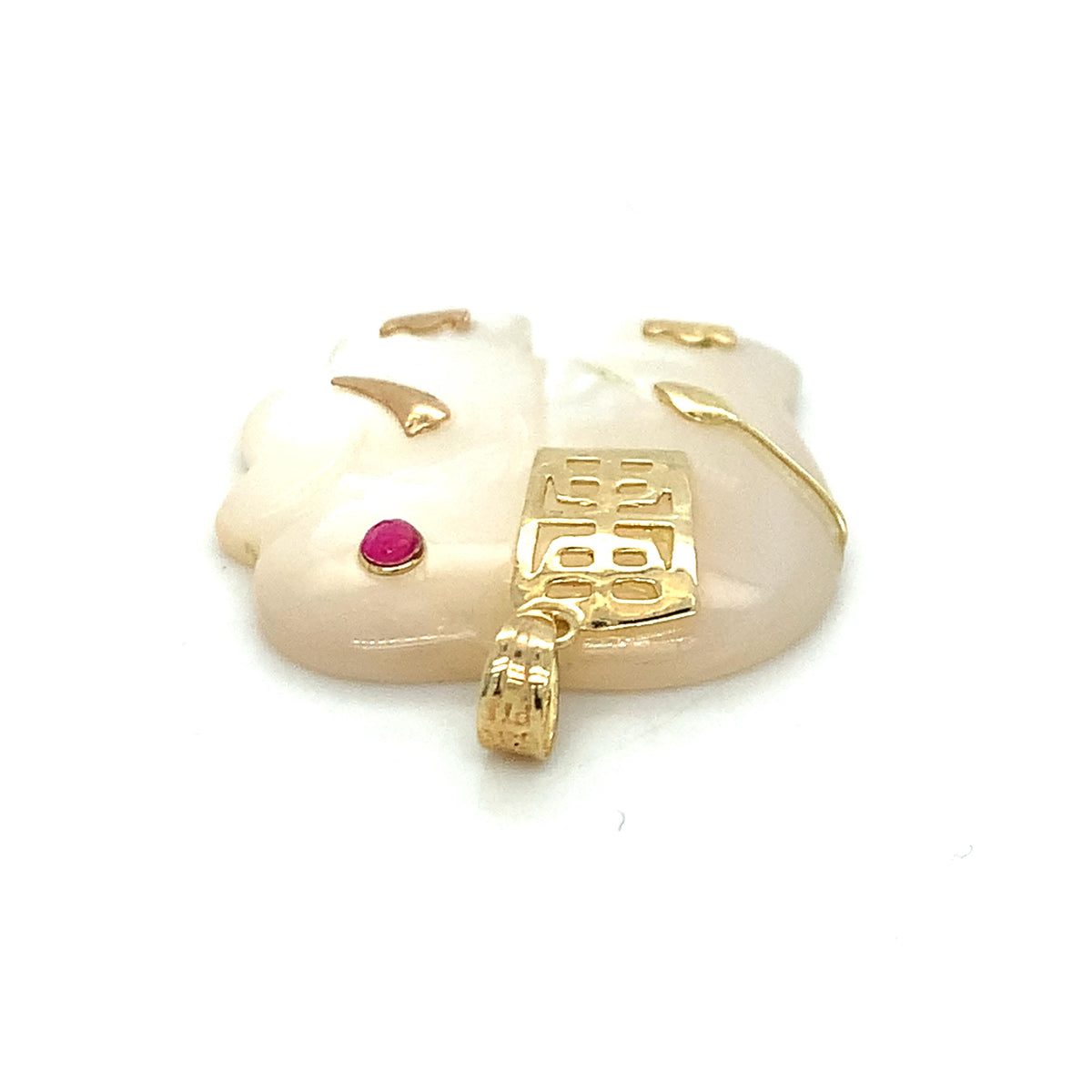 Vintage 14K Gold Chinese Character Carved White MOP Elephant & Ruby Pendant