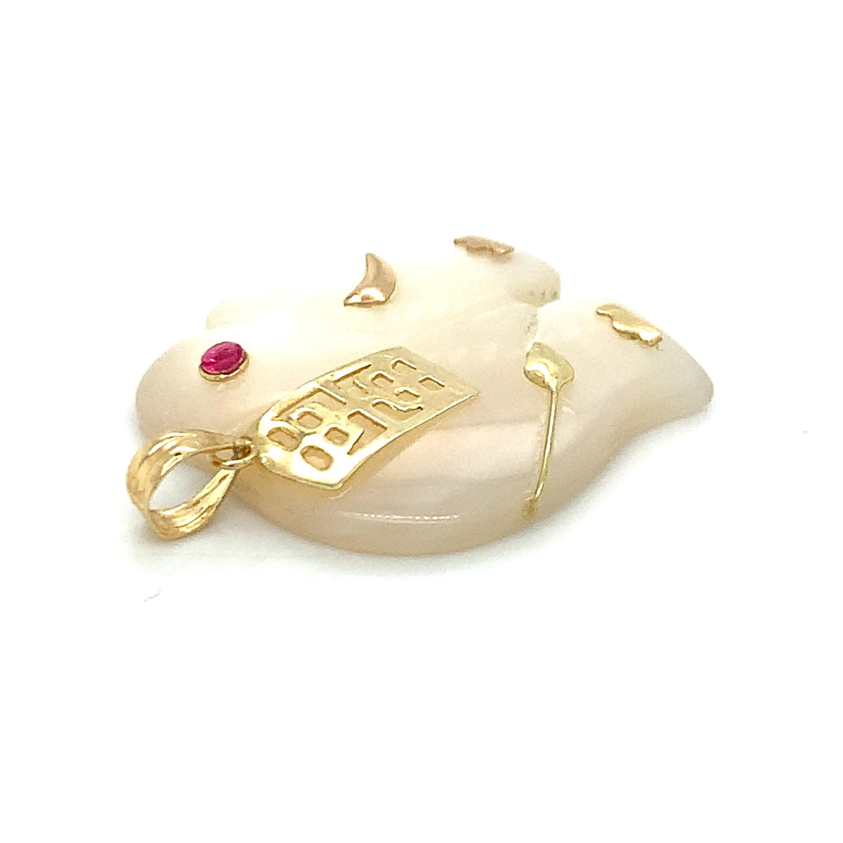 Vintage 14K Gold Chinese Character Carved White MOP Elephant & Ruby Pendant