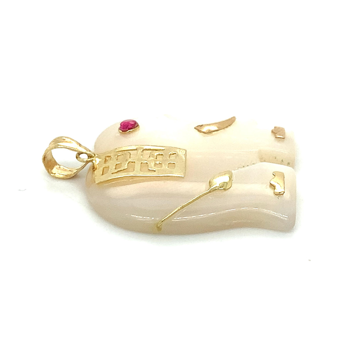 Vintage 14K Gold Chinese Character Carved White MOP Elephant & Ruby Pendant