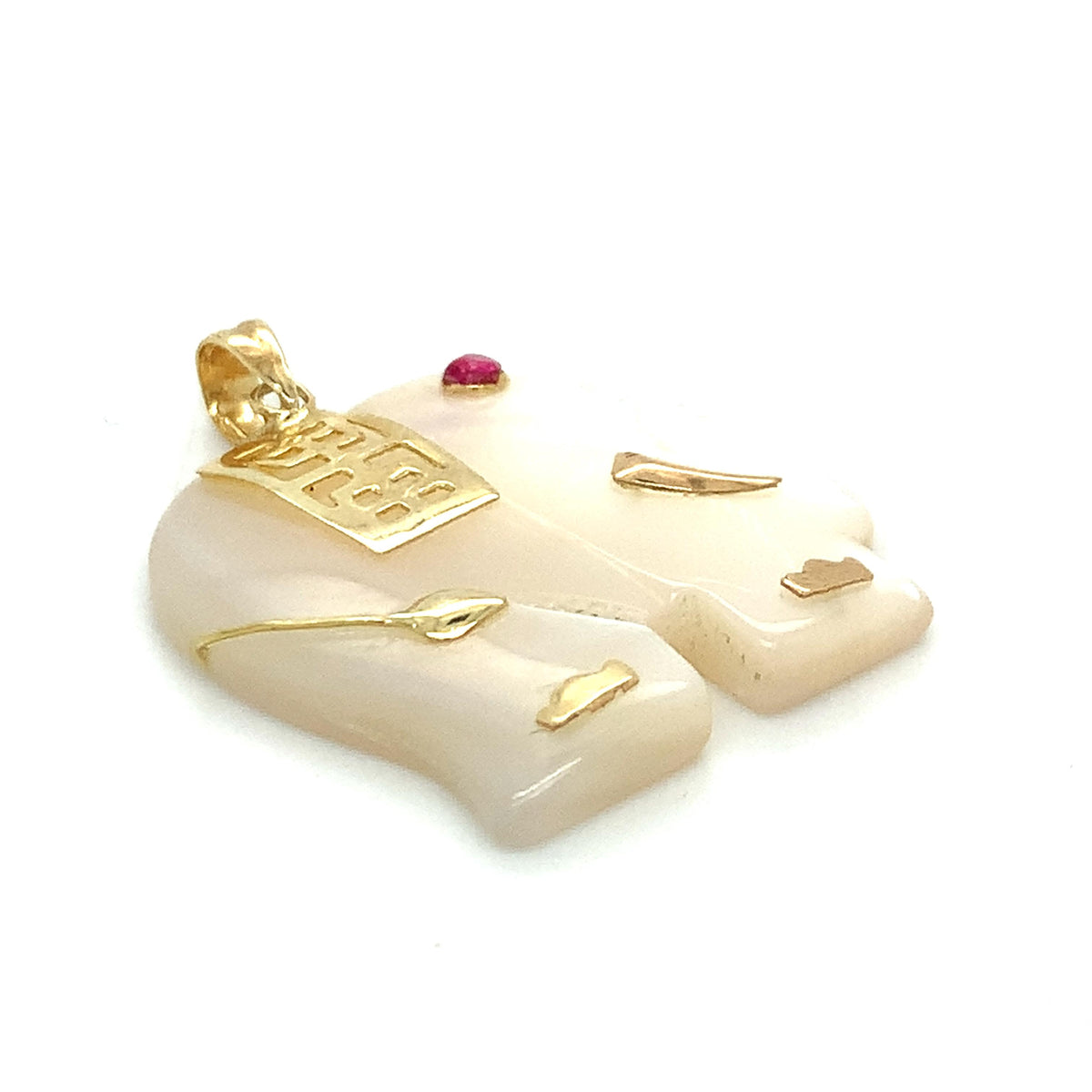 Vintage 14K Gold Chinese Character Carved White MOP Elephant & Ruby Pendant