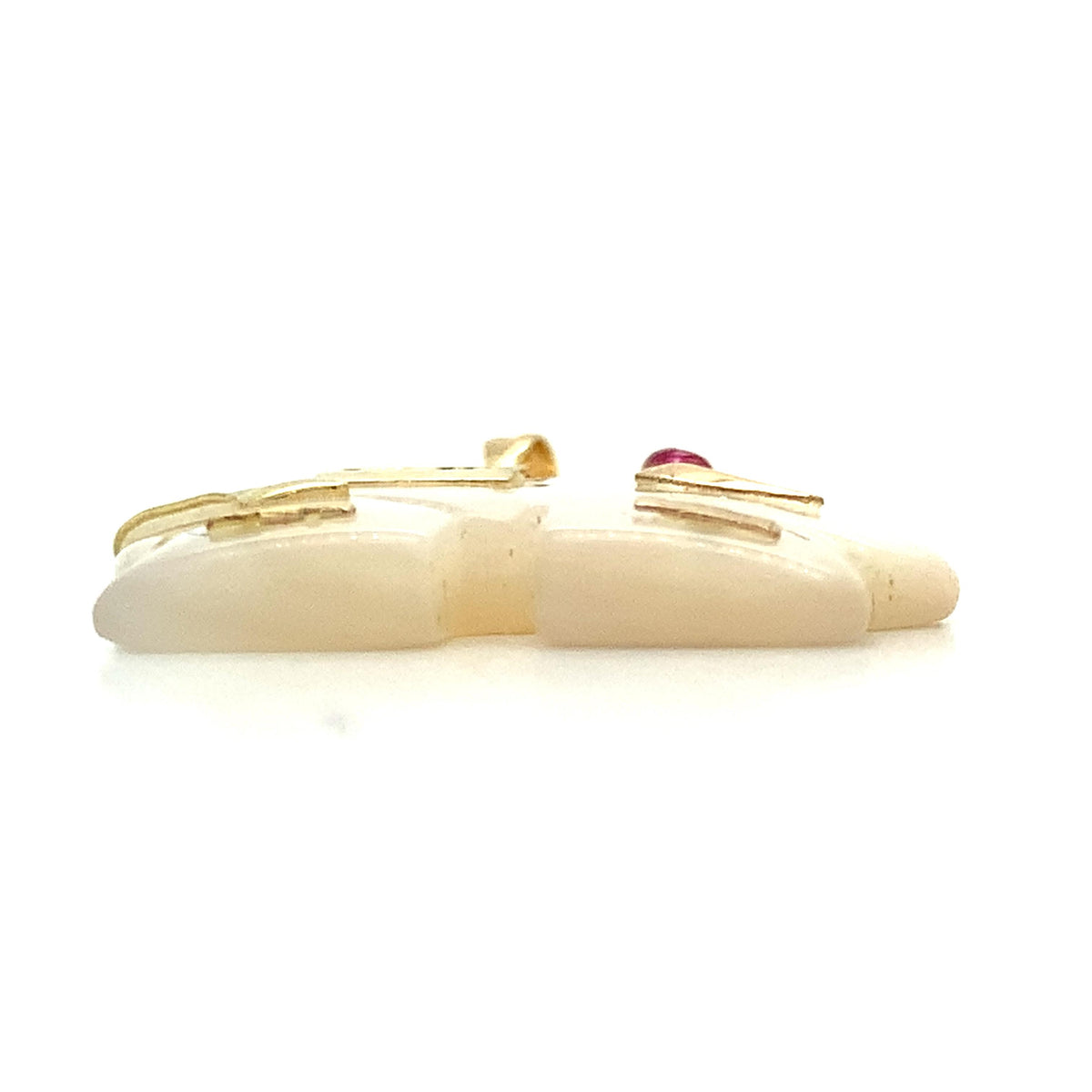 Vintage 14K Gold Chinese Character Carved White MOP Elephant & Ruby Pendant