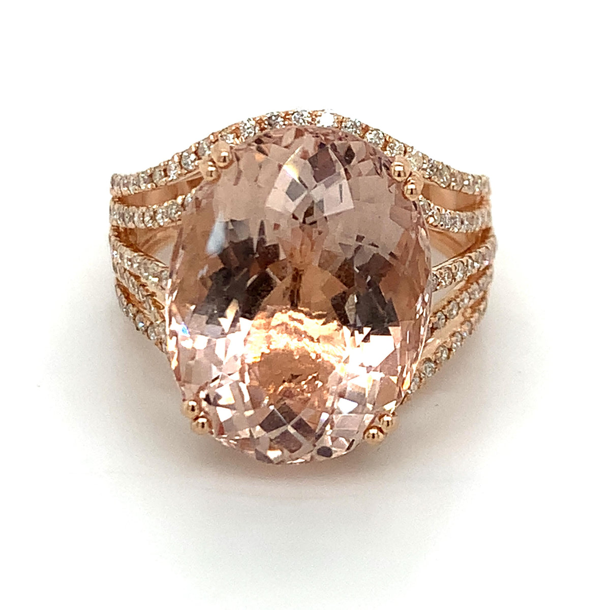 14K Gold Oval Cut Pink Morganite With Diamond Multi Layered Split Shank Ring