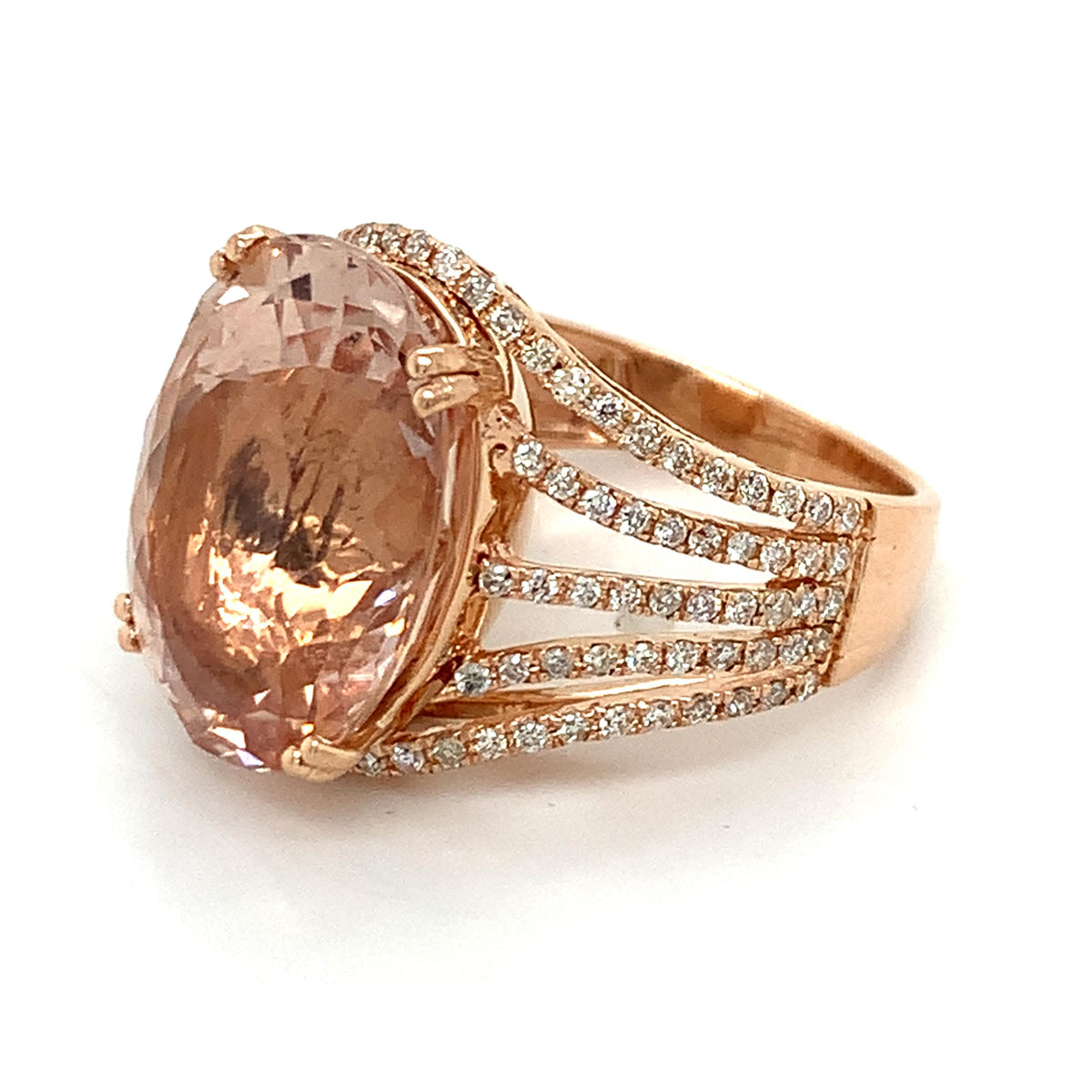 14K Gold Oval Cut Pink Morganite With Diamond Multi Layered Split Shank Ring