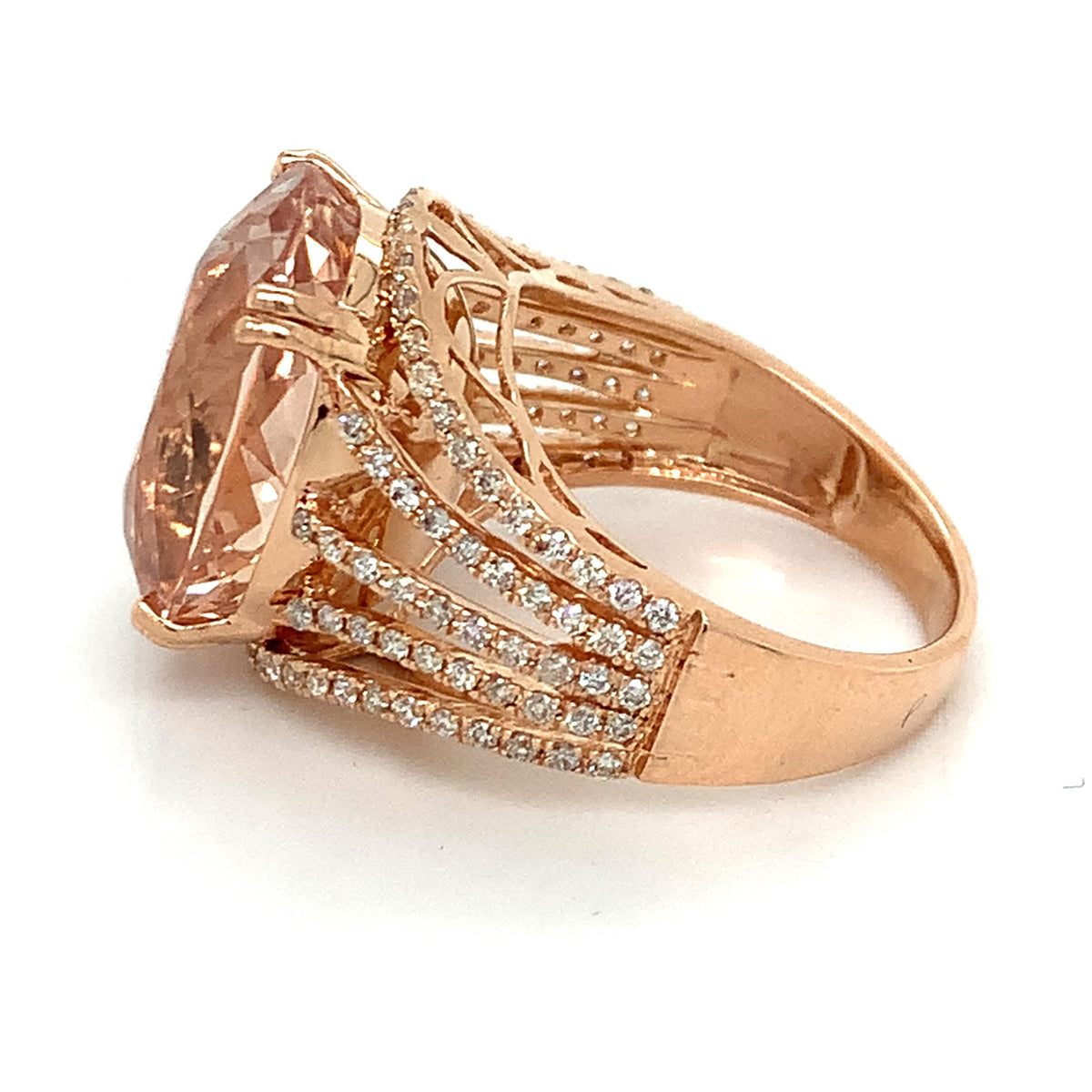 14K Gold Oval Cut Pink Morganite With Diamond Multi Layered Split Shank Ring