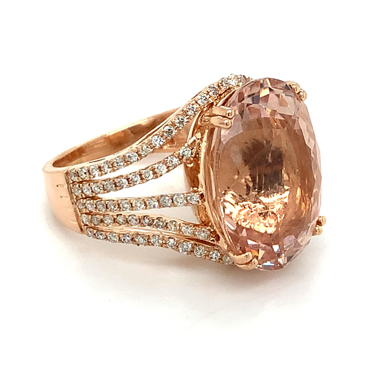 14K Gold Oval Cut Pink Morganite With Diamond Multi Layered Split Shank Ring