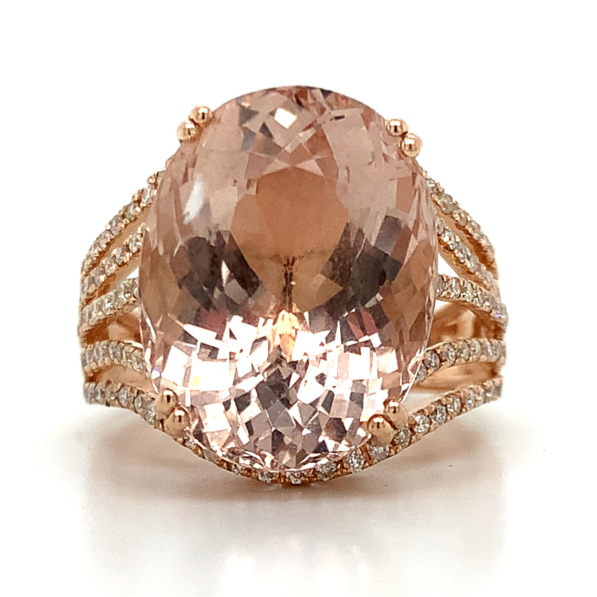 14K Gold Oval Cut Pink Morganite With Diamond Multi Layered Split Shank Ring