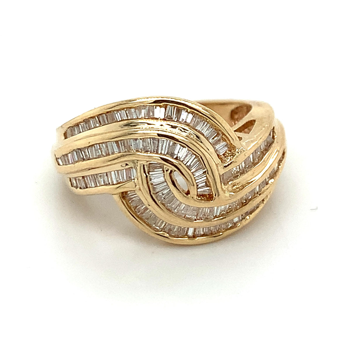 14k Gold Tapered Baguette Channel Set Diamond Crossover Swirl Ring Size 6.25