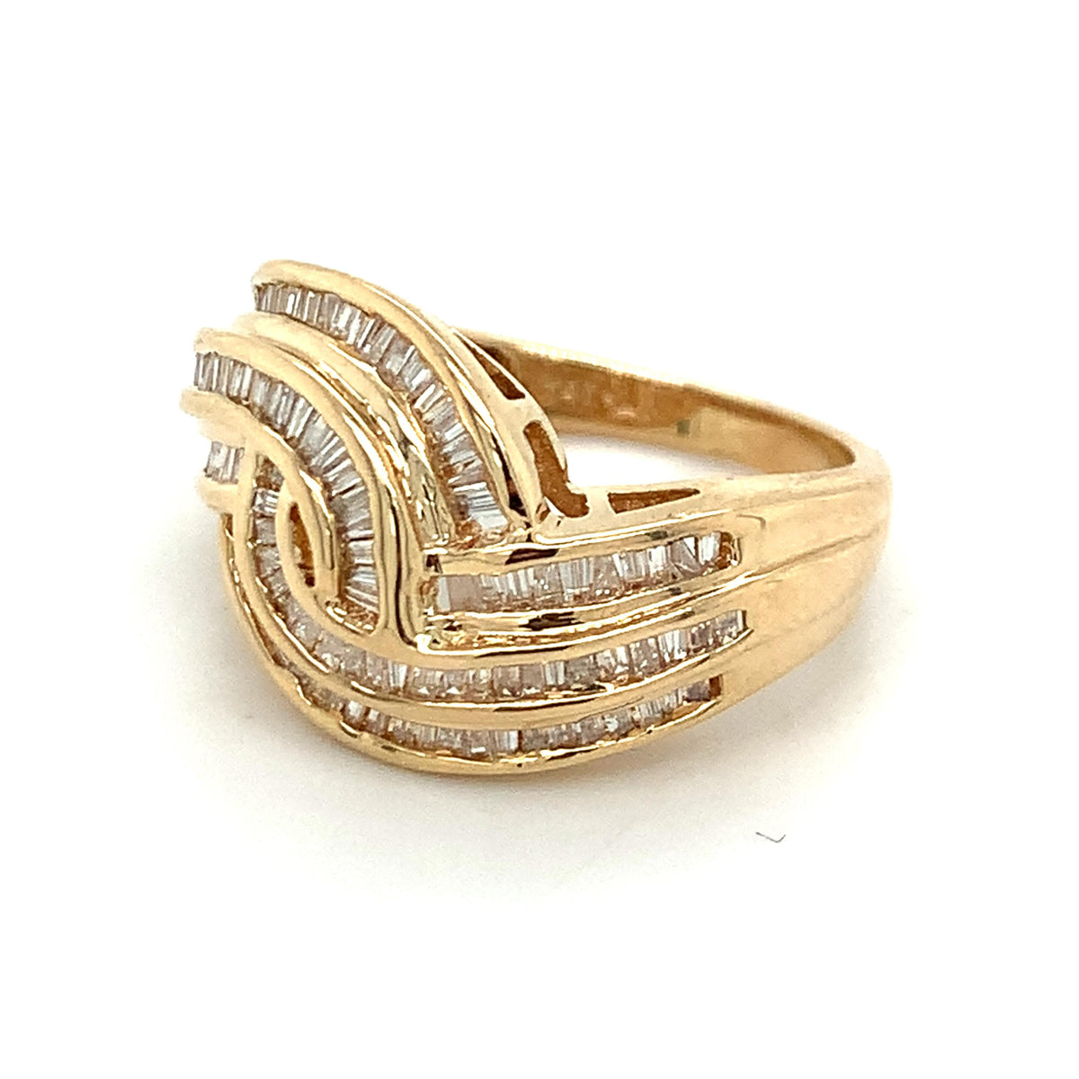 14k Gold Tapered Baguette Channel Set Diamond Crossover Swirl Ring Size 6.25