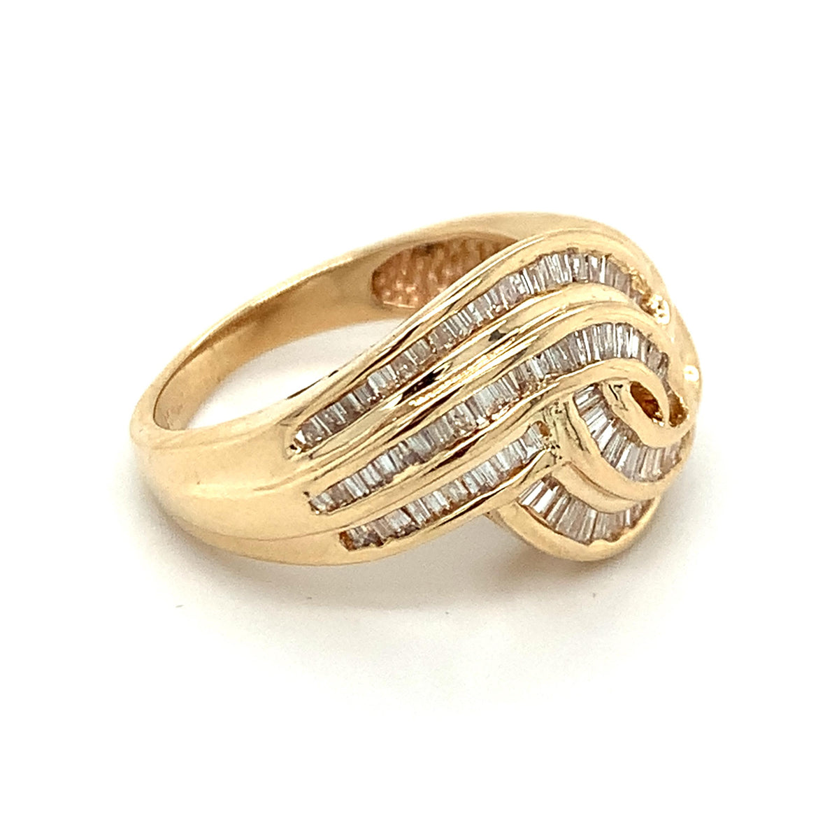 14k Gold Tapered Baguette Channel Set Diamond Crossover Swirl Ring Size 6.25