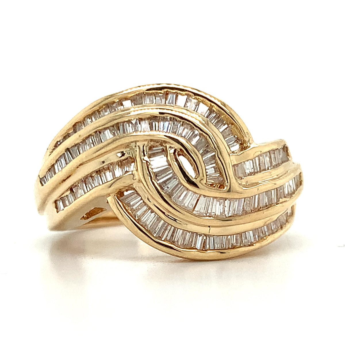 14k Gold Tapered Baguette Channel Set Diamond Crossover Swirl Ring Size 6.25