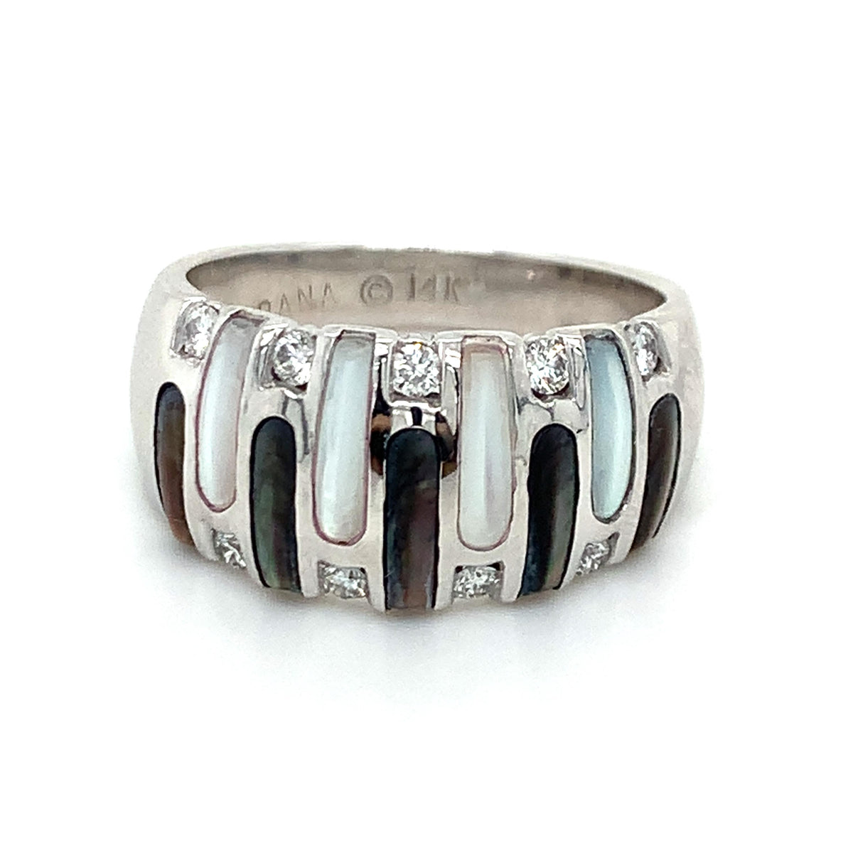 Kabana 14K Gold Alternating Vertical Inlay White Gray MOP Diamond Wide Dome Ring