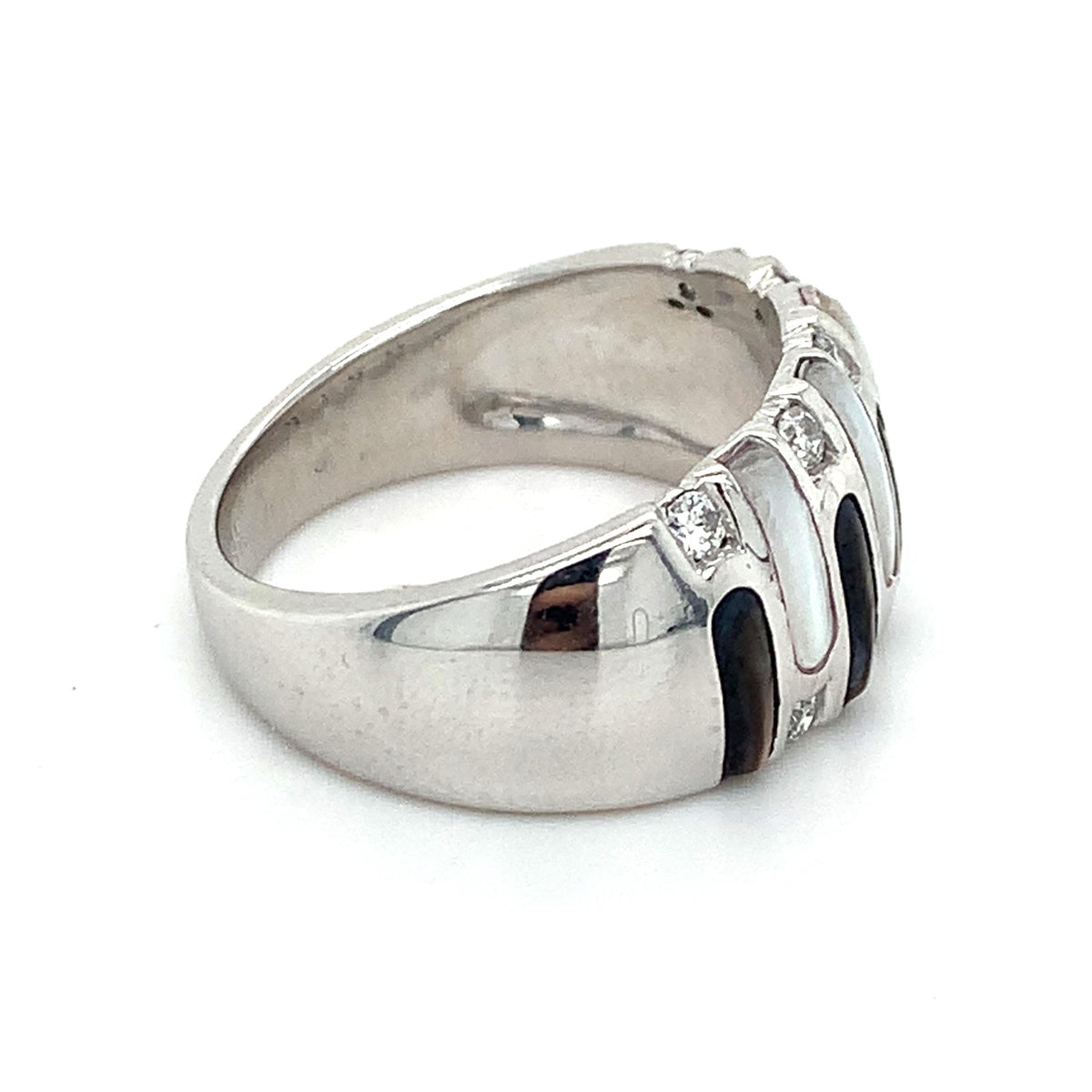Kabana 14K Gold Alternating Vertical Inlay White Gray MOP Diamond Wide Dome Ring
