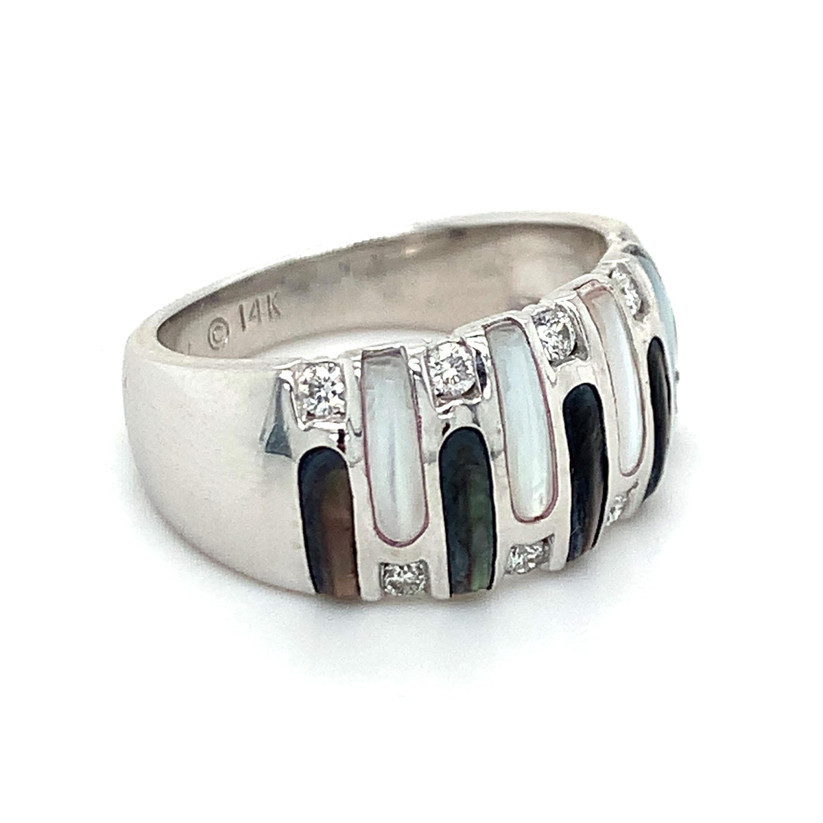 Kabana 14K Gold Alternating Vertical Inlay White Gray MOP Diamond Wide Dome Ring