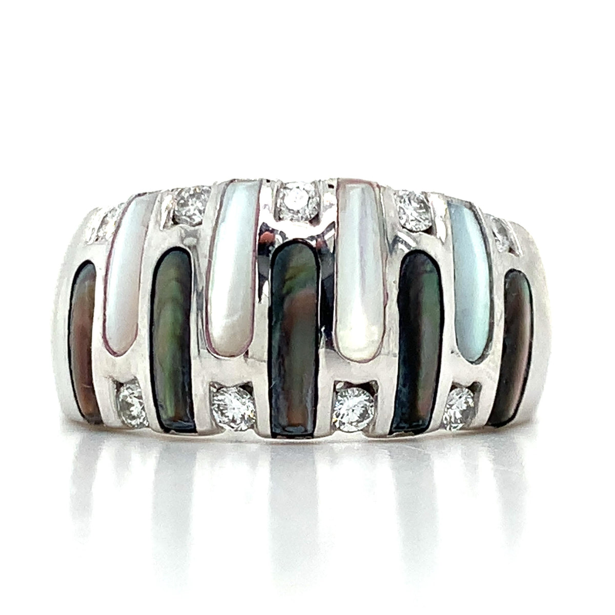 Kabana 14K Gold Alternating Vertical Inlay White Gray MOP Diamond Wide Dome Ring