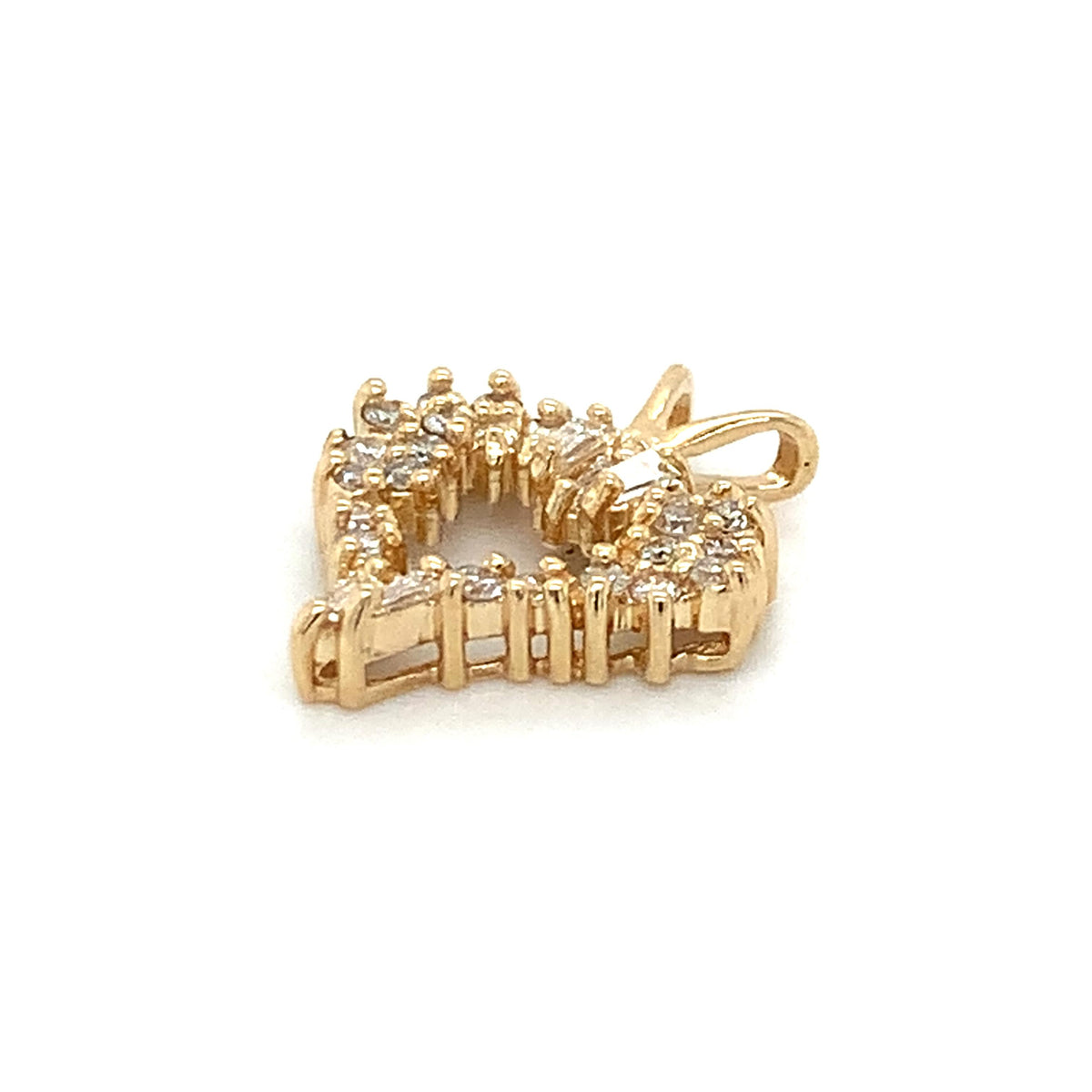 14K Yellow Gold Tapered Baguette & Round Cut Diamond Open Heart V-Bail Pendant