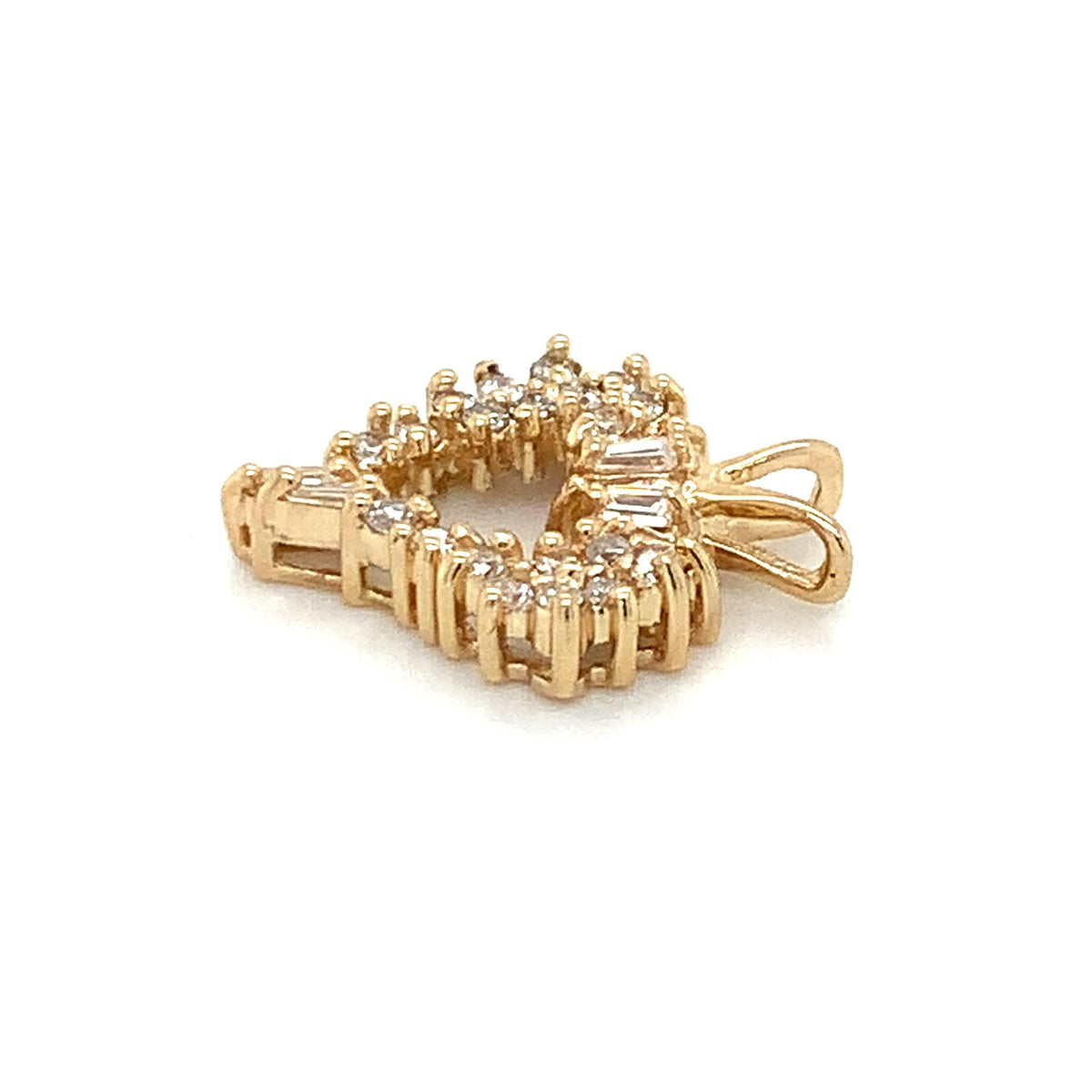 14K Yellow Gold Tapered Baguette & Round Cut Diamond Open Heart V-Bail Pendant