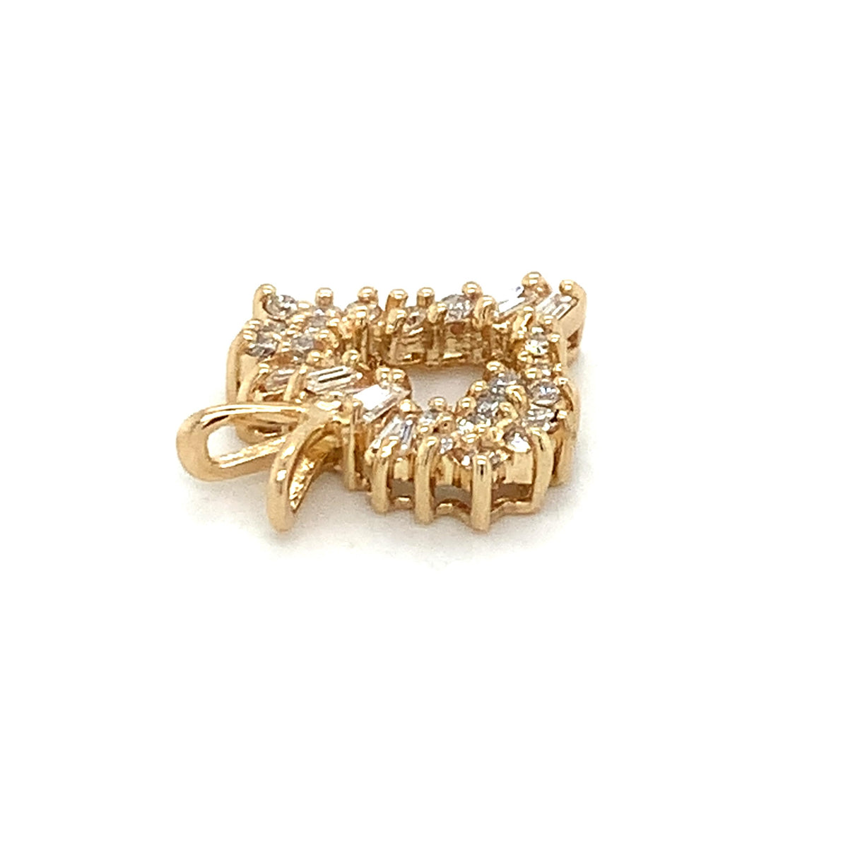 14K Yellow Gold Tapered Baguette & Round Cut Diamond Open Heart V-Bail Pendant