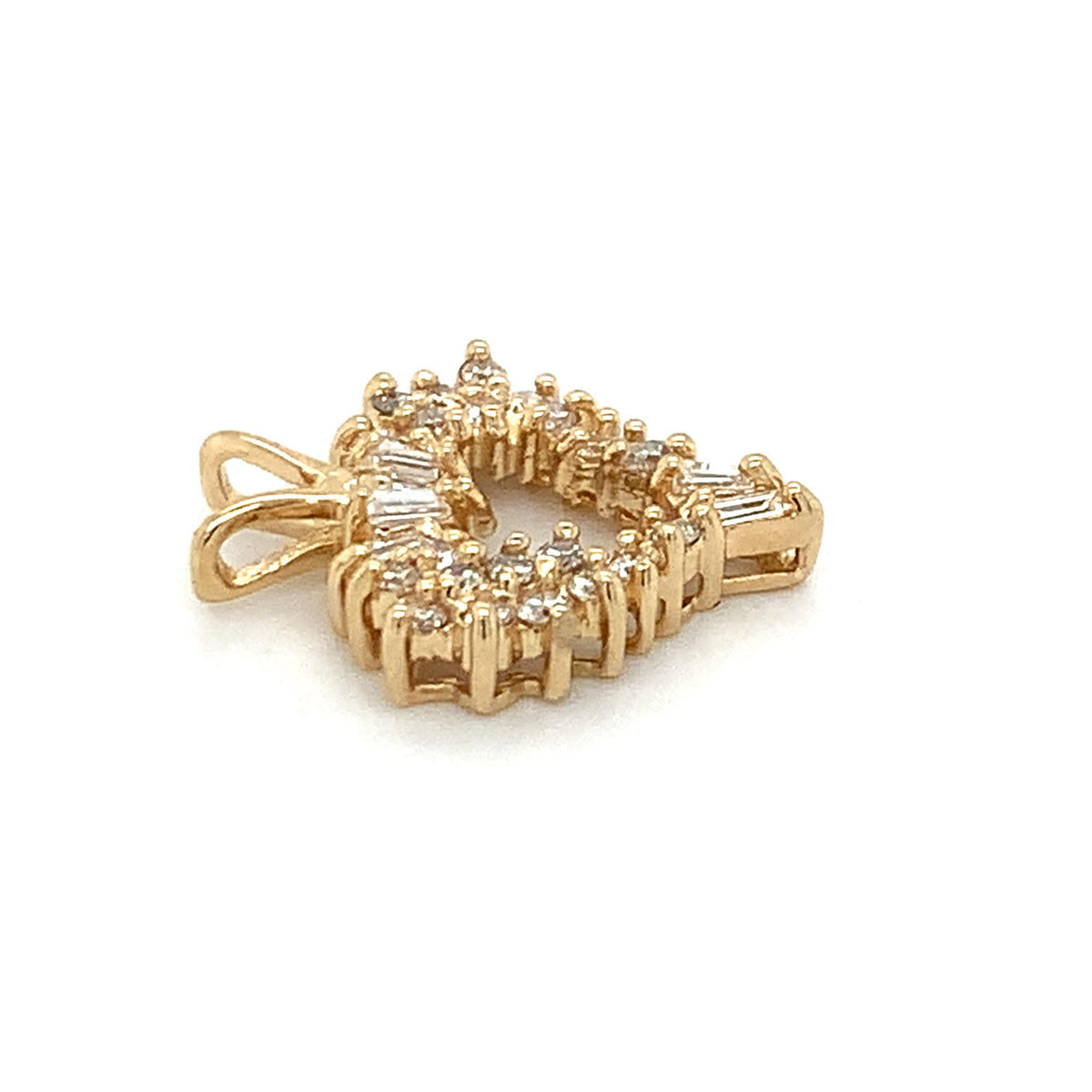 14K Yellow Gold Tapered Baguette & Round Cut Diamond Open Heart V-Bail Pendant