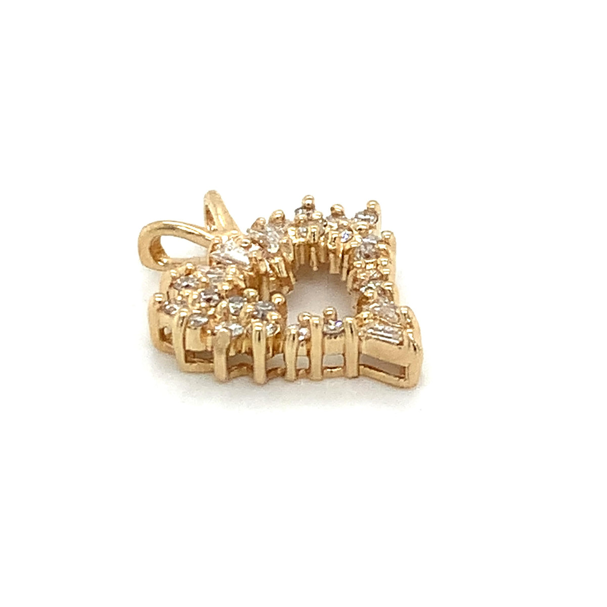 14K Yellow Gold Tapered Baguette & Round Cut Diamond Open Heart V-Bail Pendant