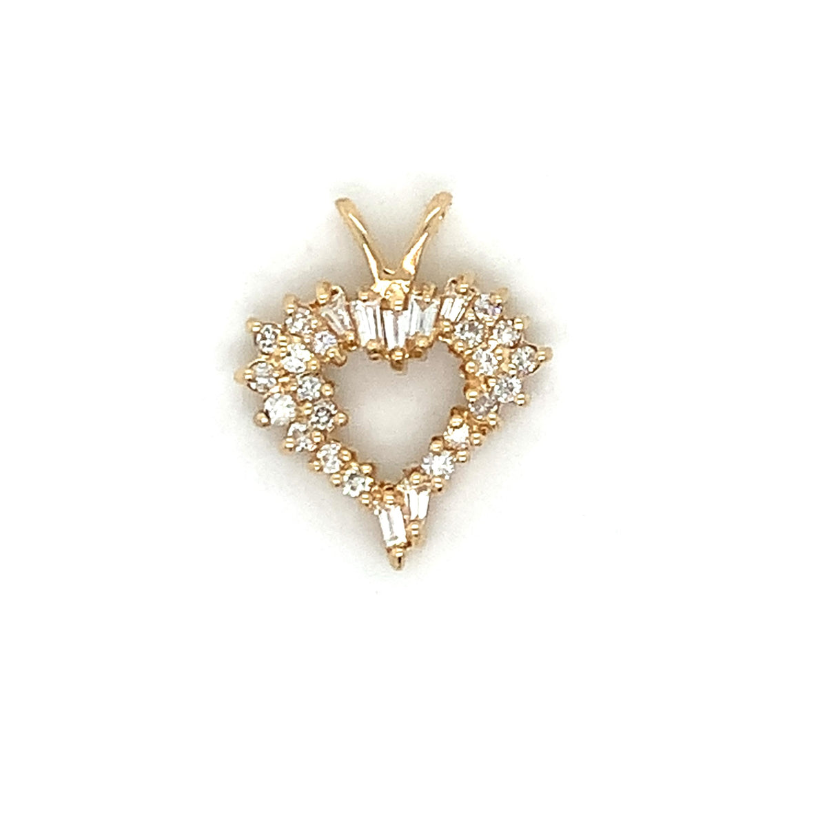 14K Yellow Gold Tapered Baguette & Round Cut Diamond Open Heart V-Bail Pendant