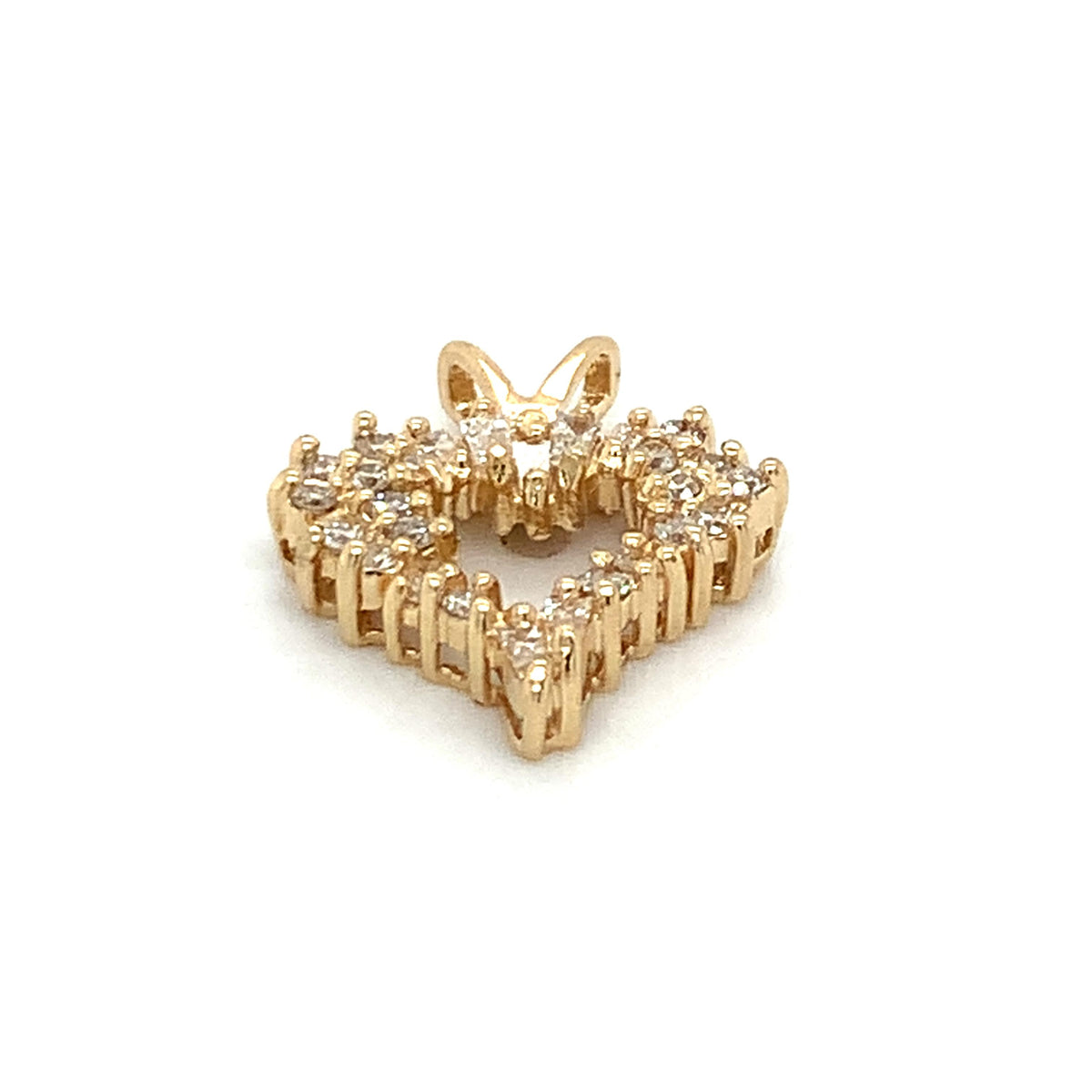 14K Yellow Gold Tapered Baguette & Round Cut Diamond Open Heart V-Bail Pendant