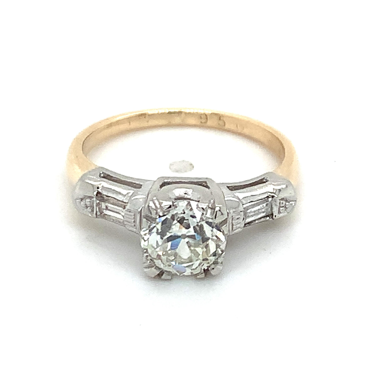 Vintage 14k Gold .92ct Old European Cut Center And Baguette Accent Diamond Ring