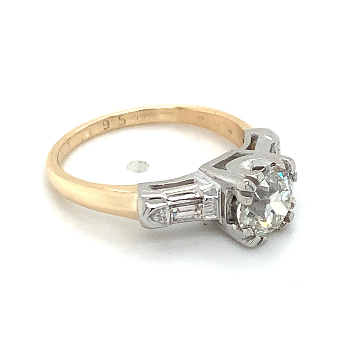 Vintage 14k Gold .92ct Old European Cut Center And Baguette Accent Diamond Ring