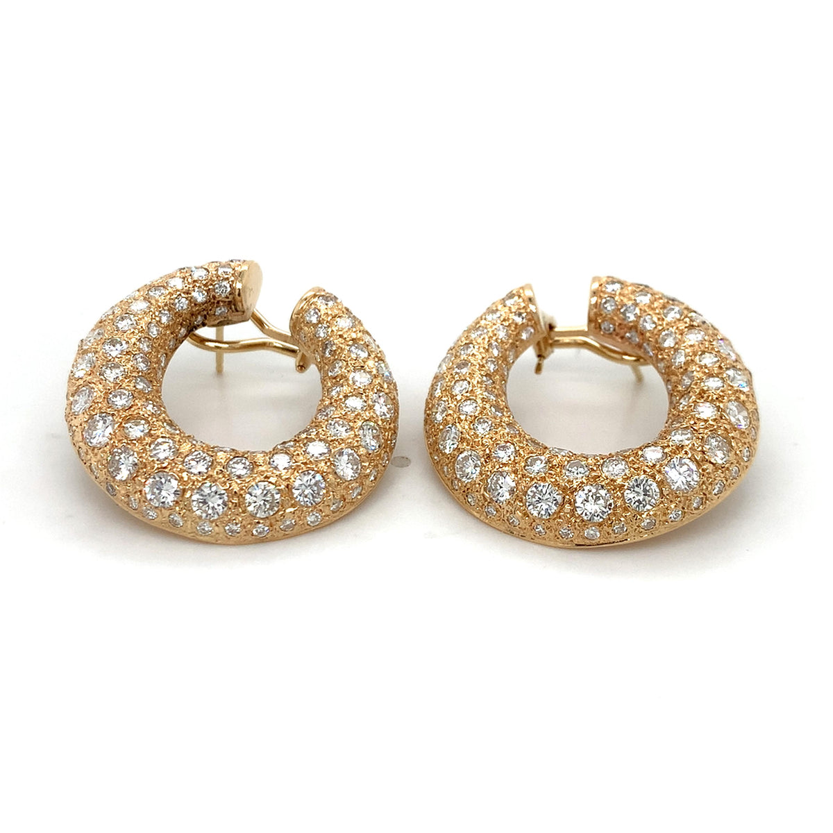 18K Gold Textured Chunky Creole Hoops W/ Round 8.99CTW Pave Diamonds Earrings
