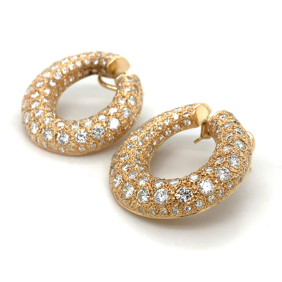 18K Gold Textured Chunky Creole Hoops W/ Round 8.99CTW Pave Diamonds Earrings