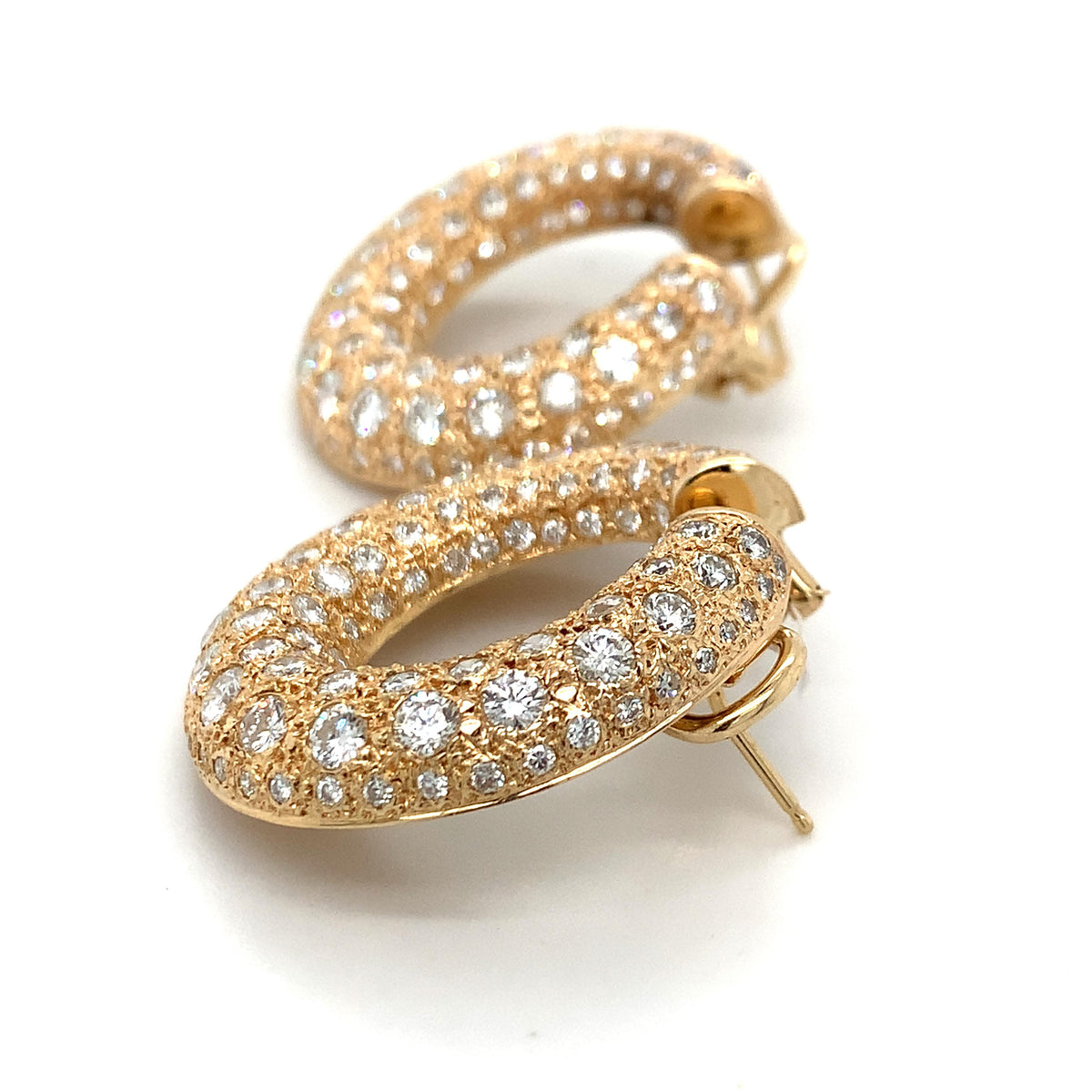 18K Gold Textured Chunky Creole Hoops W/ Round 8.99CTW Pave Diamonds Earrings