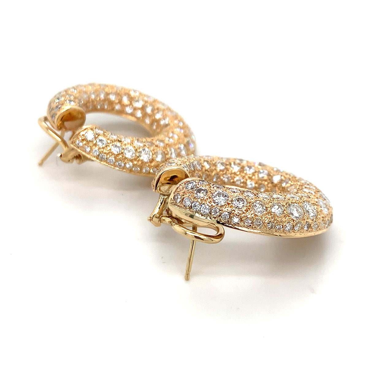 18K Gold Textured Chunky Creole Hoops W/ Round 8.99CTW Pave Diamonds Earrings