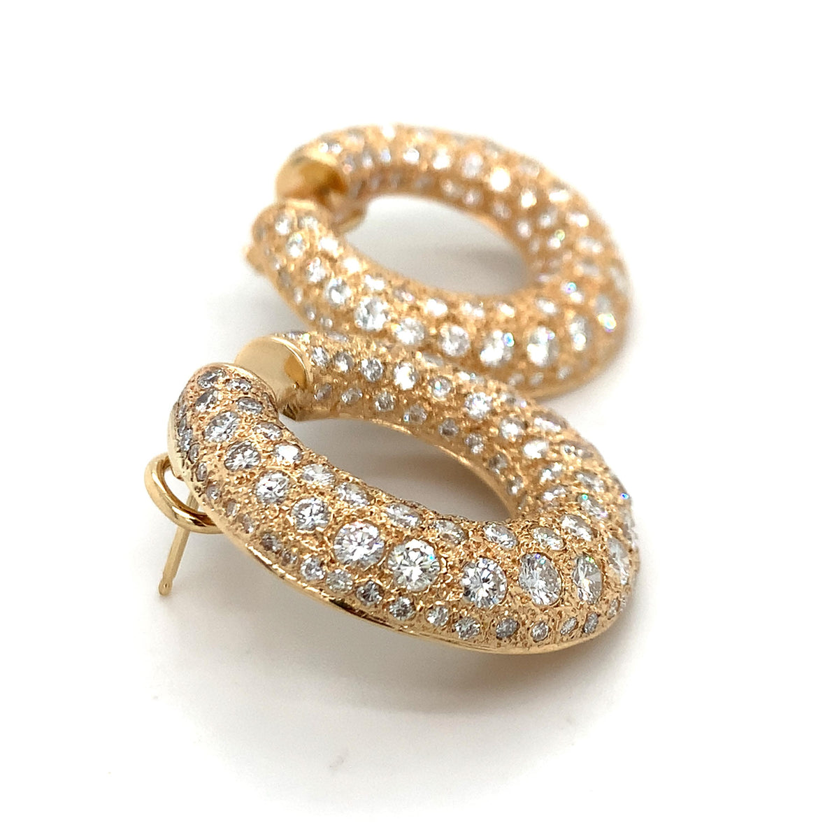 18K Gold Textured Chunky Creole Hoops W/ Round 8.99CTW Pave Diamonds Earrings