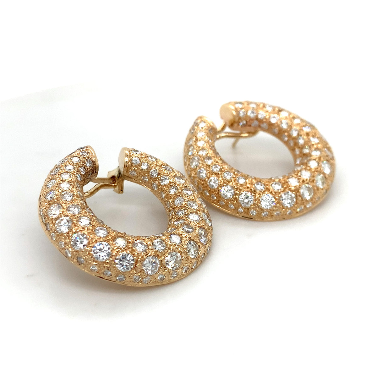 18K Gold Textured Chunky Creole Hoops W/ Round 8.99CTW Pave Diamonds Earrings